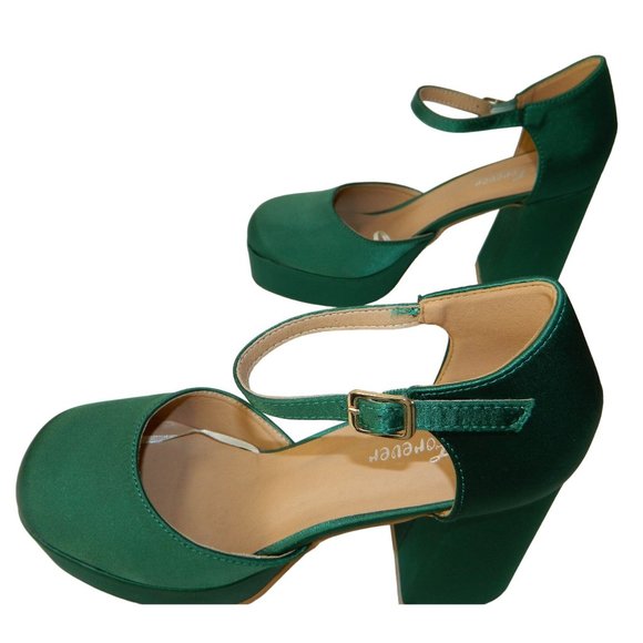 Size 8 Forever Emerald Green Satin Runway Block Heel Closed Toe Shoes Platform - Picture 3 of 16